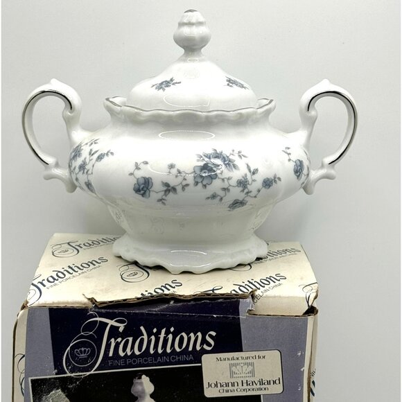 Johann Haviland Traditions Blue Garland Pattern Sugar Bowl With Lid Fine Porcela - Picture 1 of 12